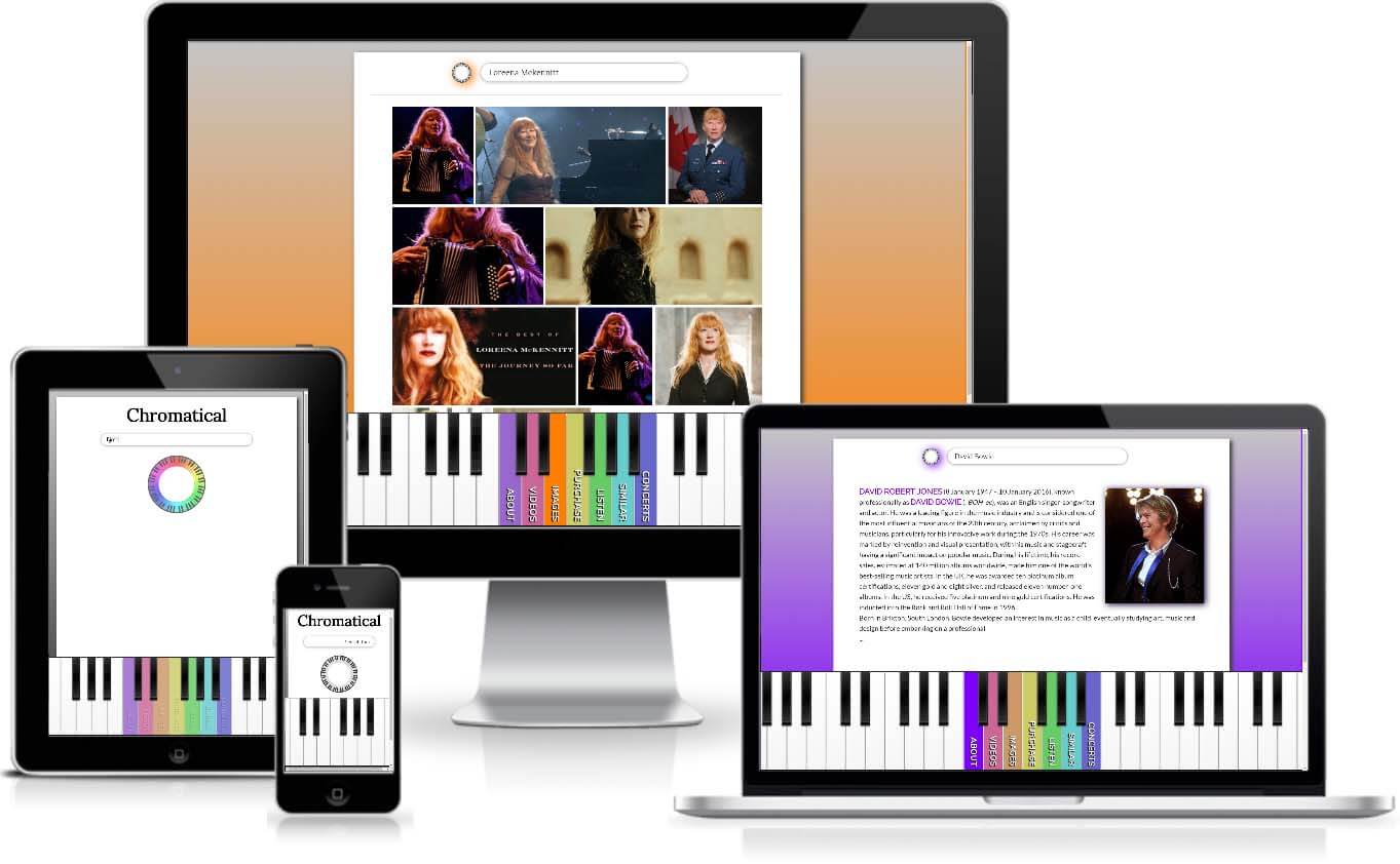 Chromatical web app screen images
displayed on desktop, tablet, and mobile.