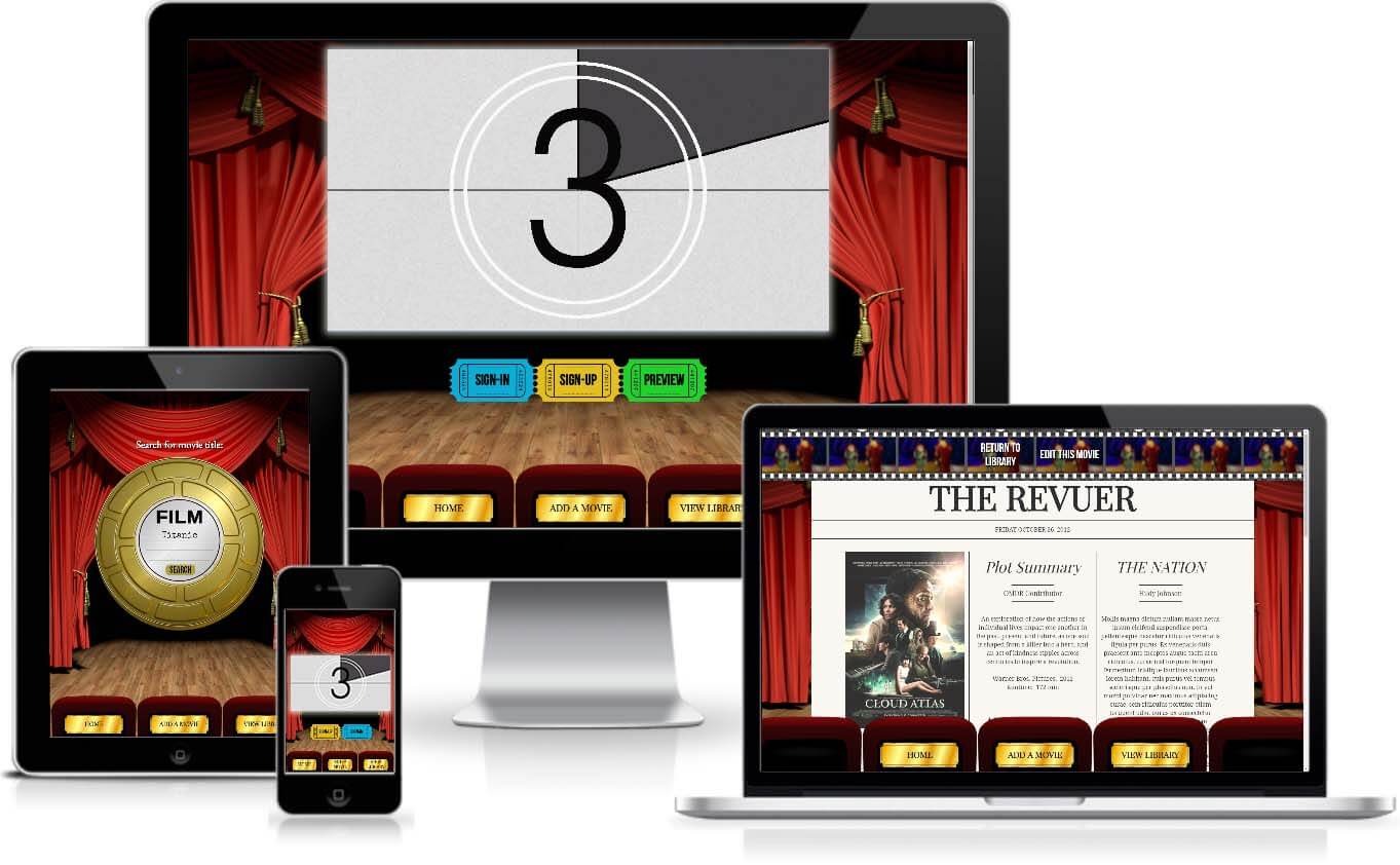 Revuer web app screen images displayed on
desktop, tablet, and mobile.
