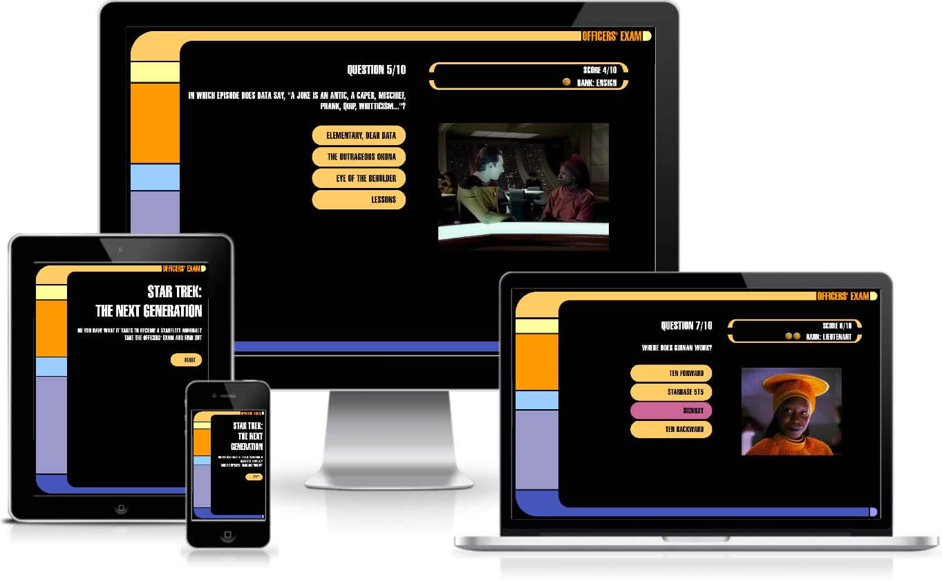 Star Trek quiz web app screen images
displayed on desktop, tablet, and mobile.