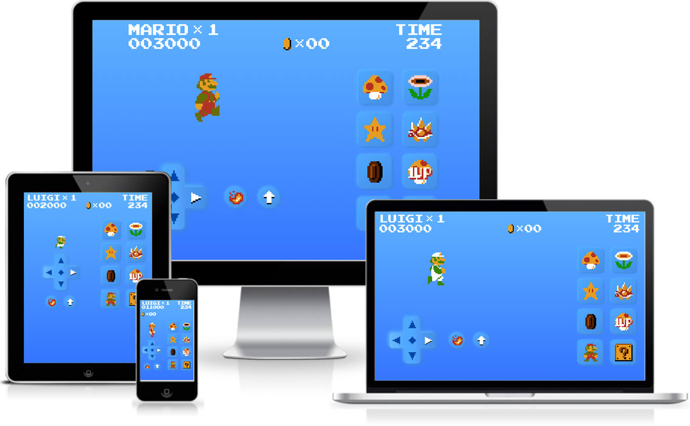 Super React Brothers web app screen images displayed on
desktop, tablet, and mobile.